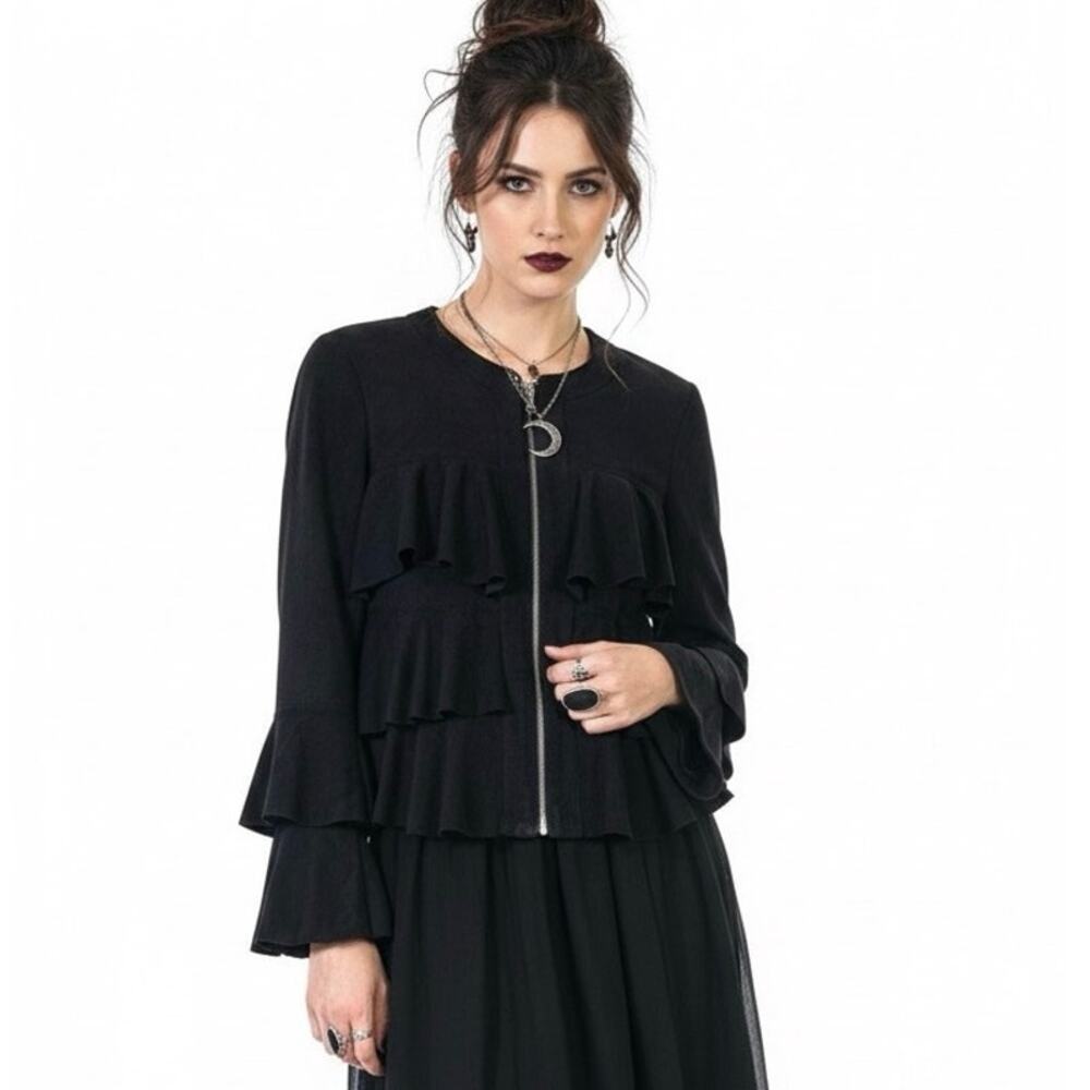 INC Tiered Ruffle Jacket Womens S Black Faux Suede Peplum Flounce Whimsygoth
